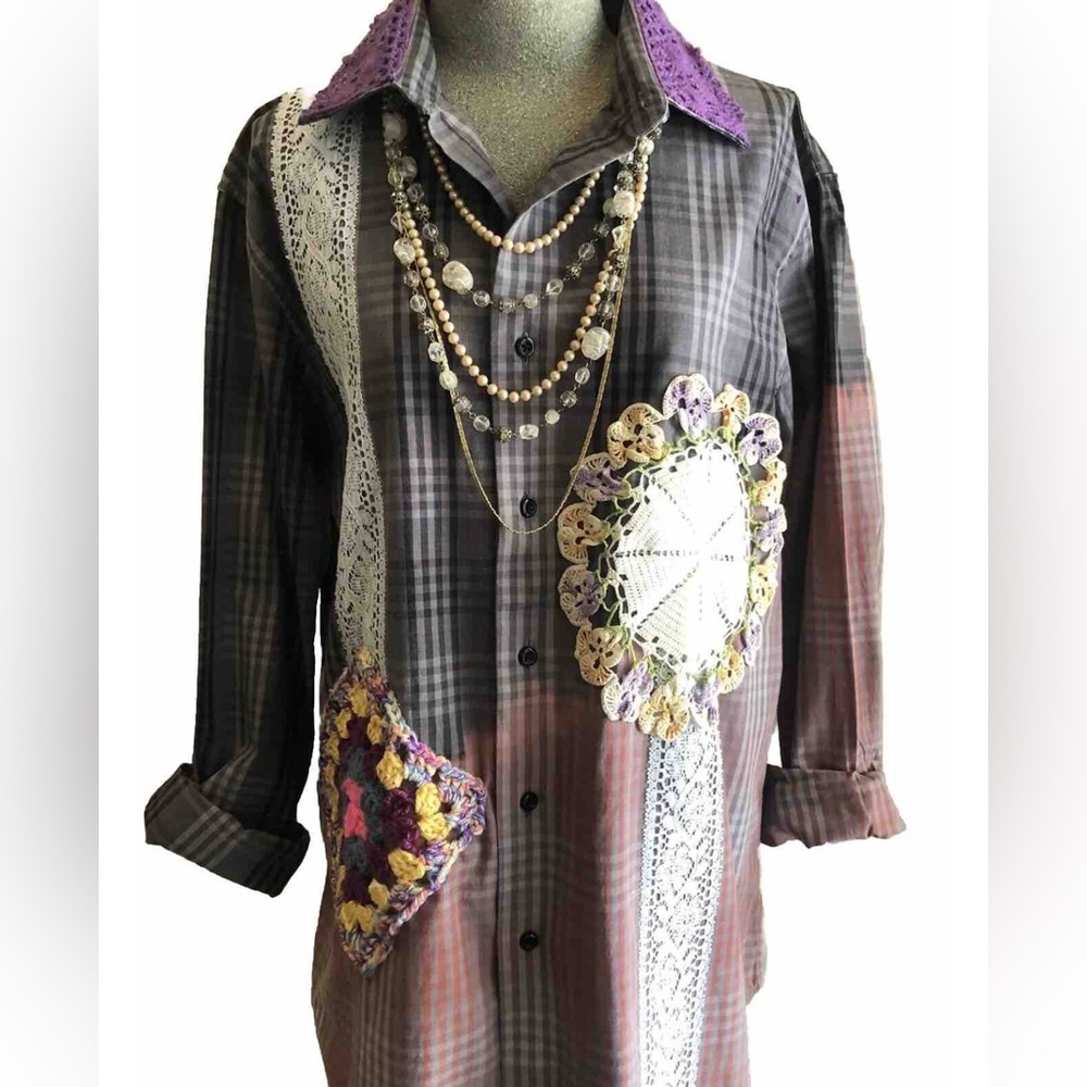 Custom Vintage Bleach Dyed Refashioned Shirt Doilies & Lace Accents Gypsy Boho L